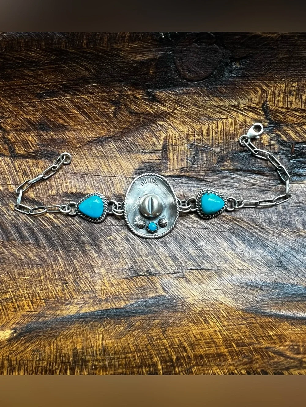 Kingman Turquoise Cowboy Hat Bracelet Sterling Silver Southwestern - Picture 3 of 9